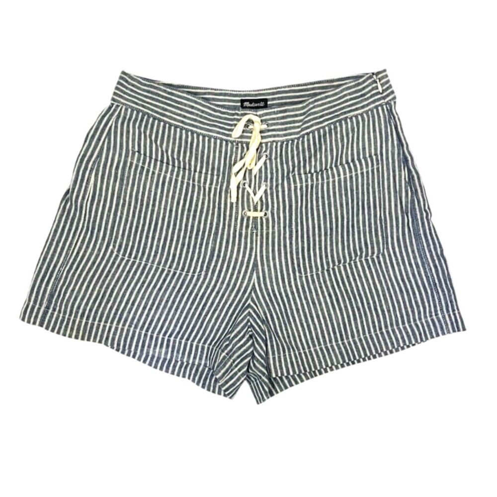 Madewell Linen Blend Striped Shorts Lace Up Front Blue White Size 4 Coastal